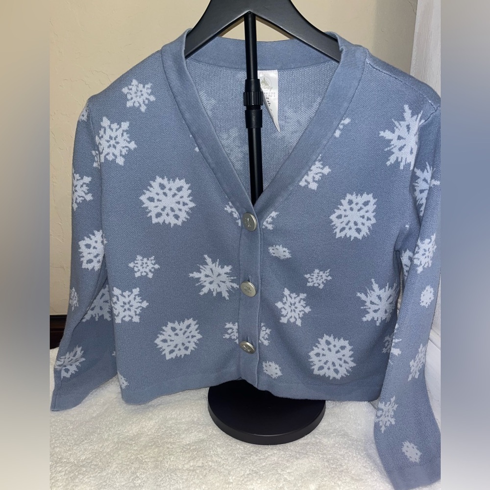 Rare Disney Parks Frozen Elsa Snowflake Holiday V-neck Boxy Fit Cardigan Sweater